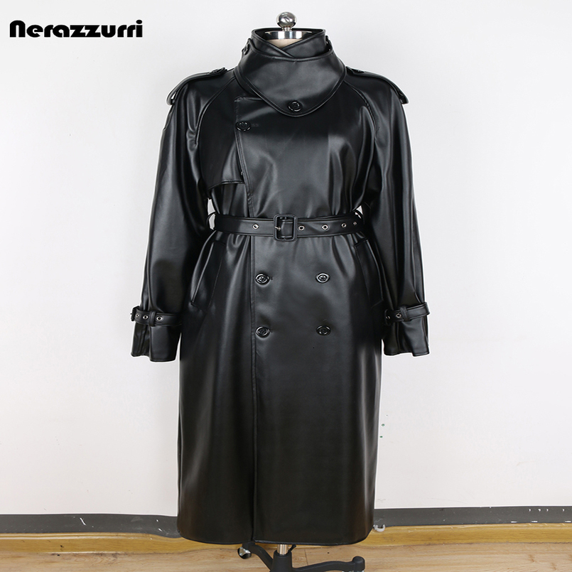nerazzurri Spring Autumn Long Oversized Windproof Waterproof Black Pu Leather Trench Coat Men Belt Double Breasted Overcoat 251023