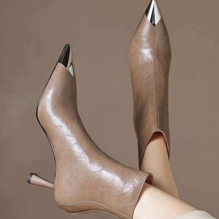 Brown Pointed Metal Toe High Heel Short Stylish Comfortable Boots to dress shoes Designer Shoe for women