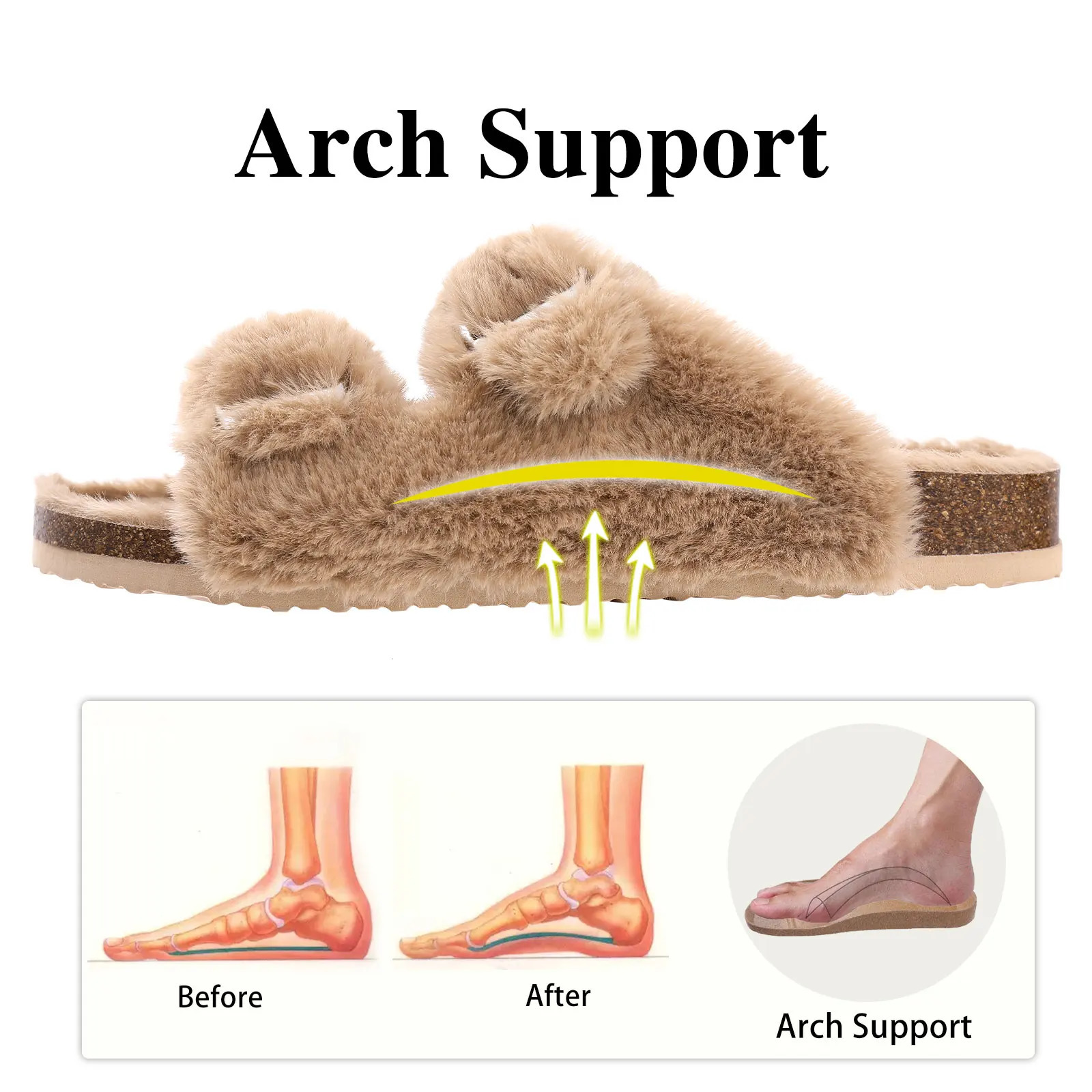 Shevalues Fuzzy Slippers Women Cork Footbed Fluffy Slide Sandals Open Toe Indoor House Shoes With Arch Support Adjustable Buckle 251031