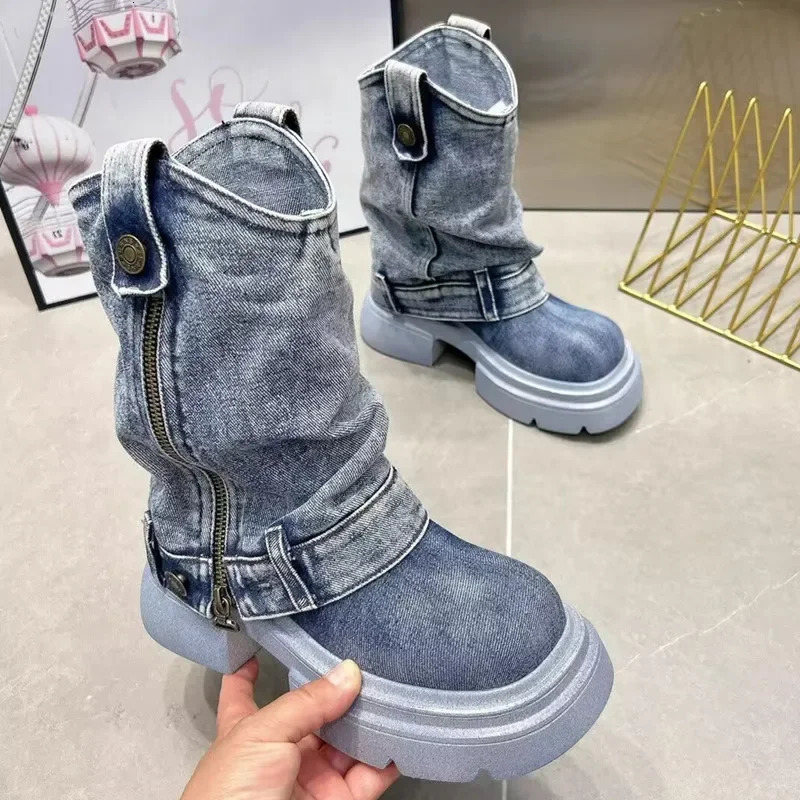 Womens denim ankle boots round toes thick soled zipper buckle womens shoes solid color low heel 250402