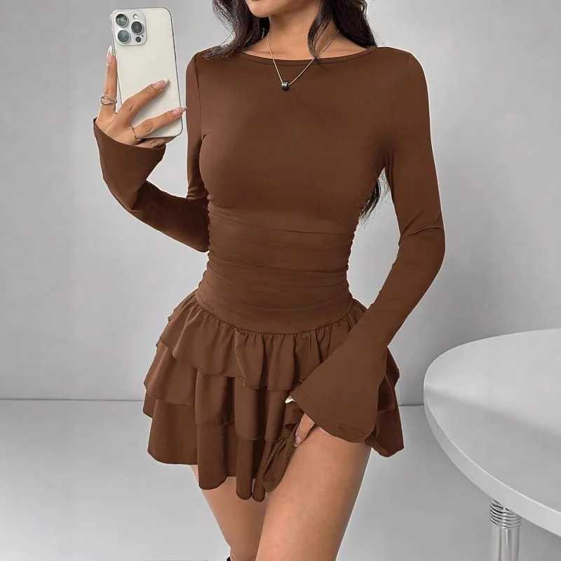 2025 Autumn Solid Slim Fit Cascading Ruffles Mini Dress Winter Women Elegant Flare Sleeve High Waist Sexy Party Bodycon Dresses J251105
