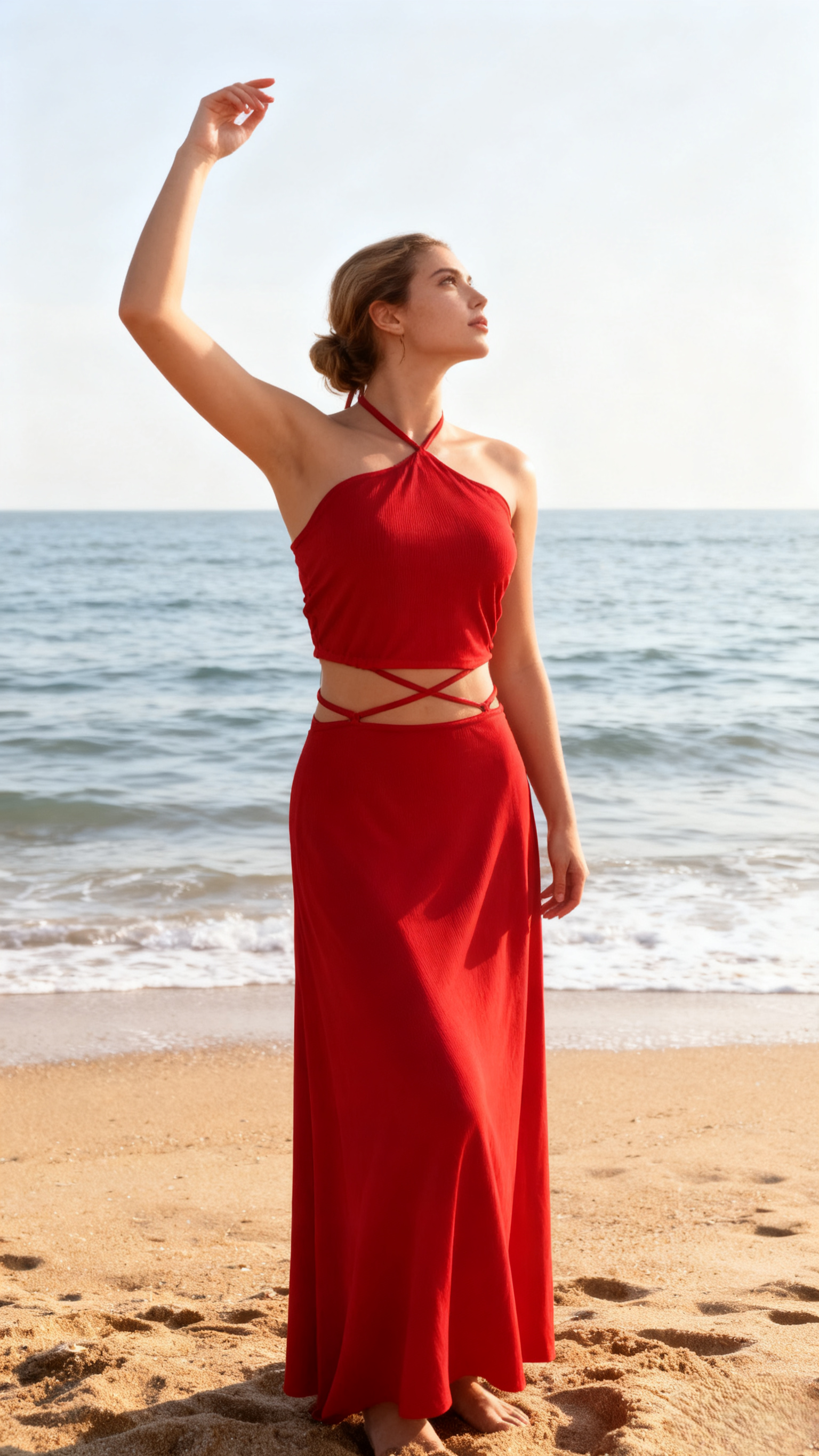 Red Halter-Neck Cross-Back Strappy Maxi Dress - Beachy Vacation Style Sexy Fitted Sleeveless Dress