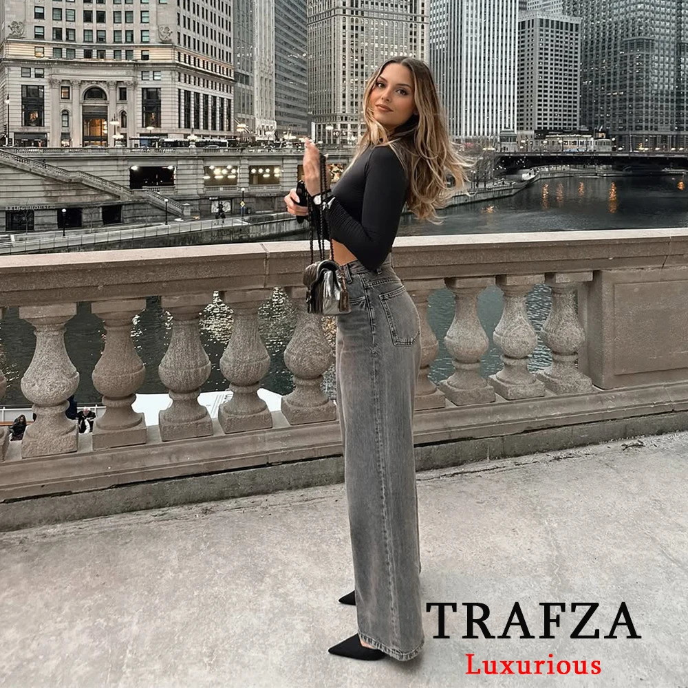 TRAFZA Streetwear High Waist Trouser Womens Light Grey Button Wide Leg Fashion Young Tight Pants 250403