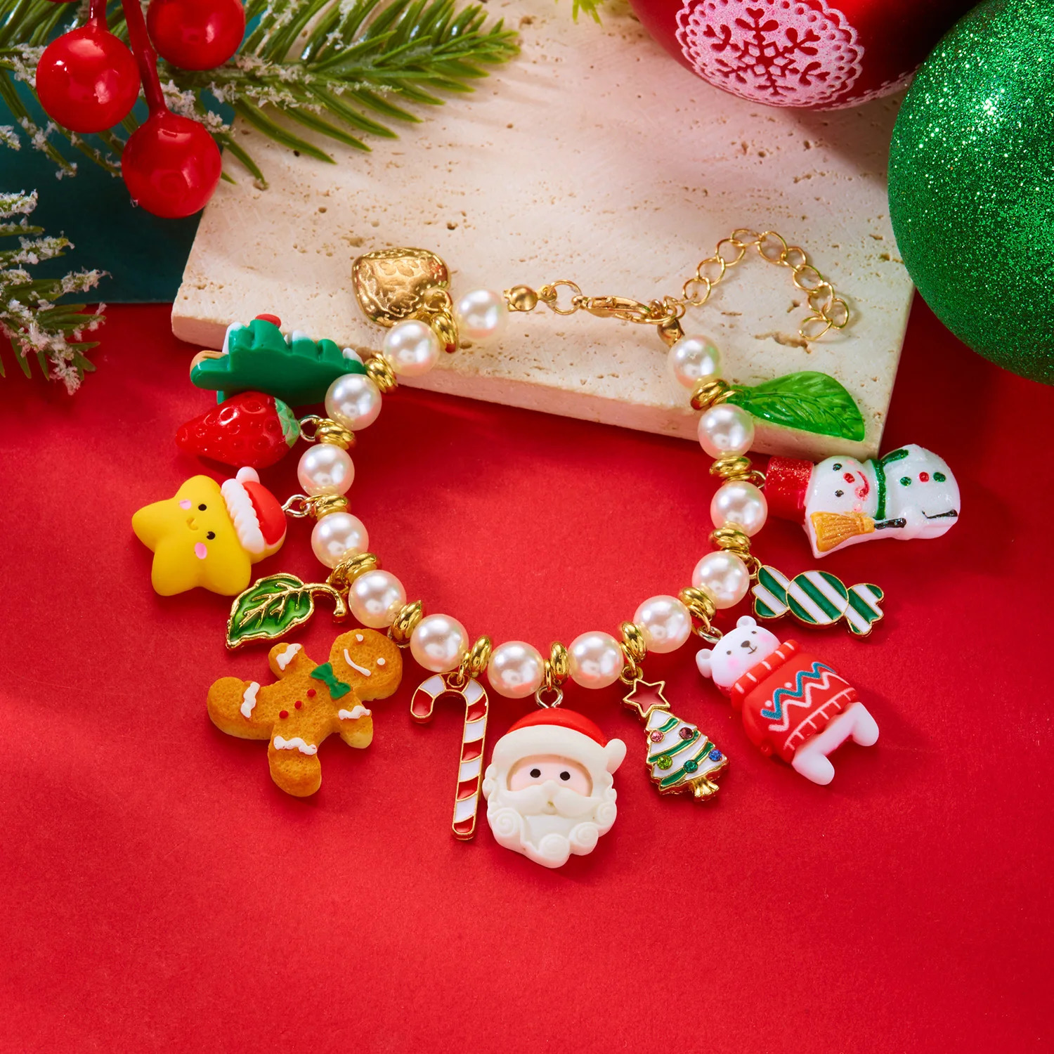 Christmas Resin Santa Claus Gingerbread Snowman Bracelet for Women Deer Star Xmas Tree Pearl Bangle Girl Party Jewelry 251104