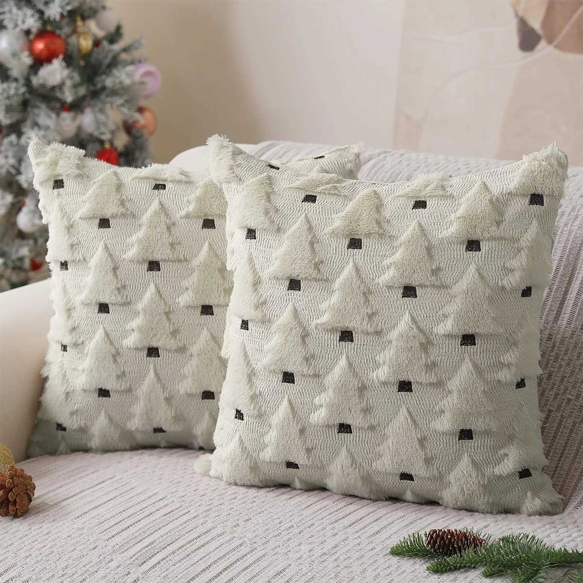 1pc Christmas Pillow Covers 18x18 inch Decorations 3D Soft Plush Faux Fur Wool jacquard weaving Christmas Tree Throw Pillow Y251105