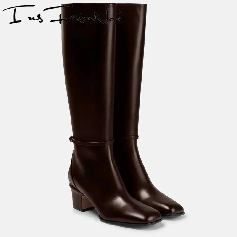 Genuine Leather Square Toe High Heels Knee High Women Boots Solid Color Zipper Pleated Fashion Western Style Sexy Female Shoes 251031