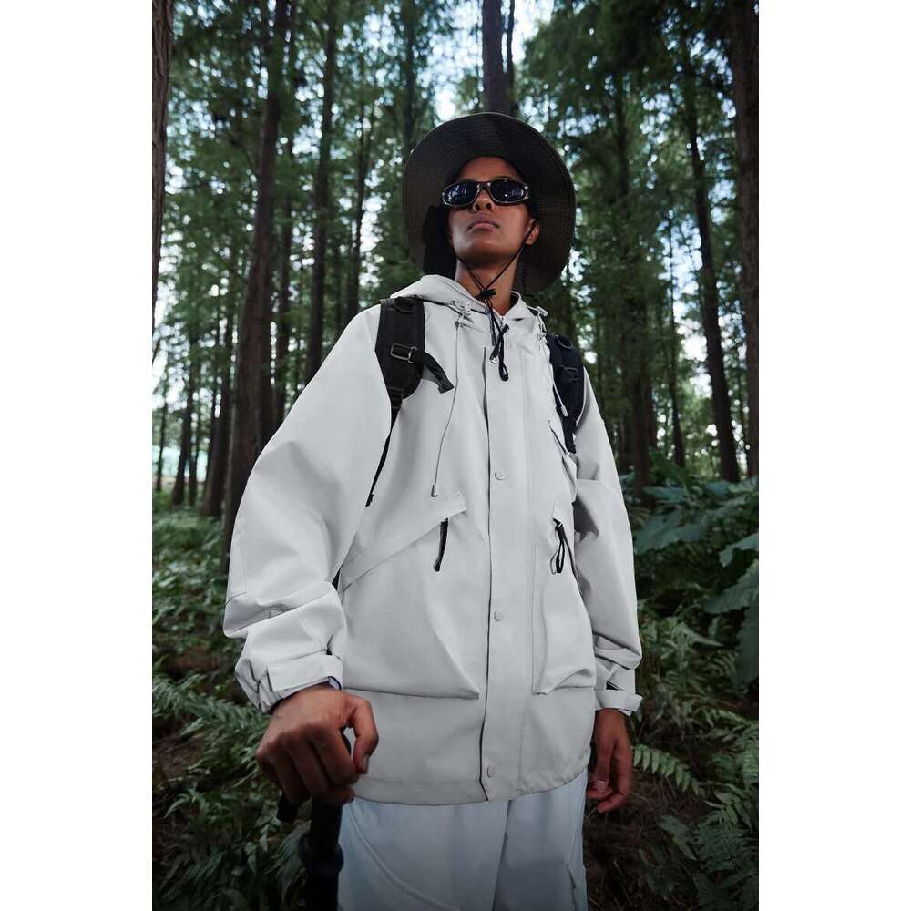 Full Zip Up Hooded Windbreaker Unisex Spring Outdoor Hiking Cargo Jacket