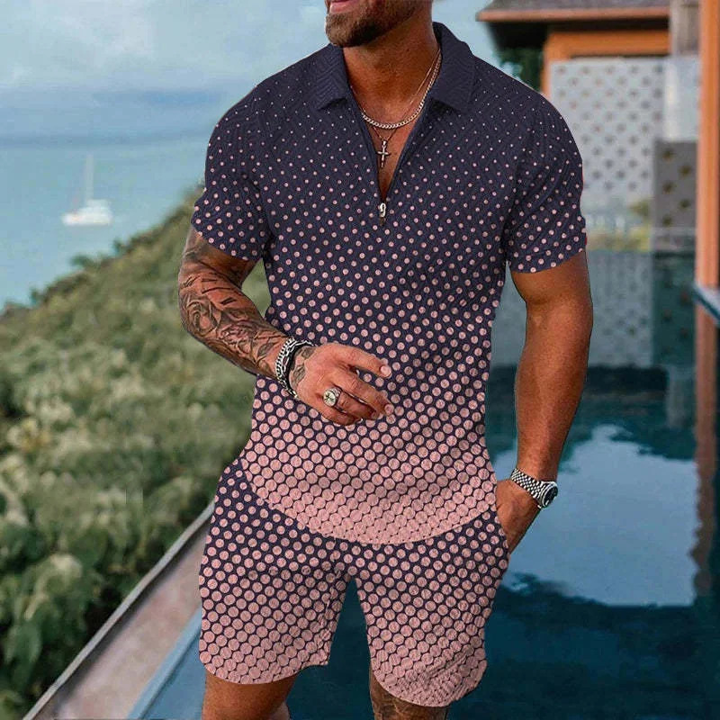 Solid color gradient printed mens sportswear set summer casual zipper polo shirt and shorts 2-piece set trend mens zipper clothing 250402