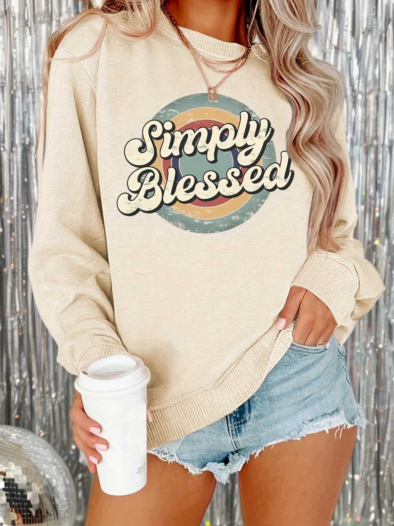 Womens autumn and winter casual wide version pine retro letter printed warm suede long sleeved round neck sweatshirtT251105