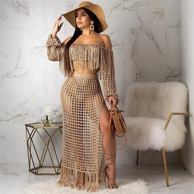 Sexy Ruffle Tassel Summer Set Womens Beach Wear Holiday Knitted Crochet Hollow View Party Maxi Dress Vacation 250401