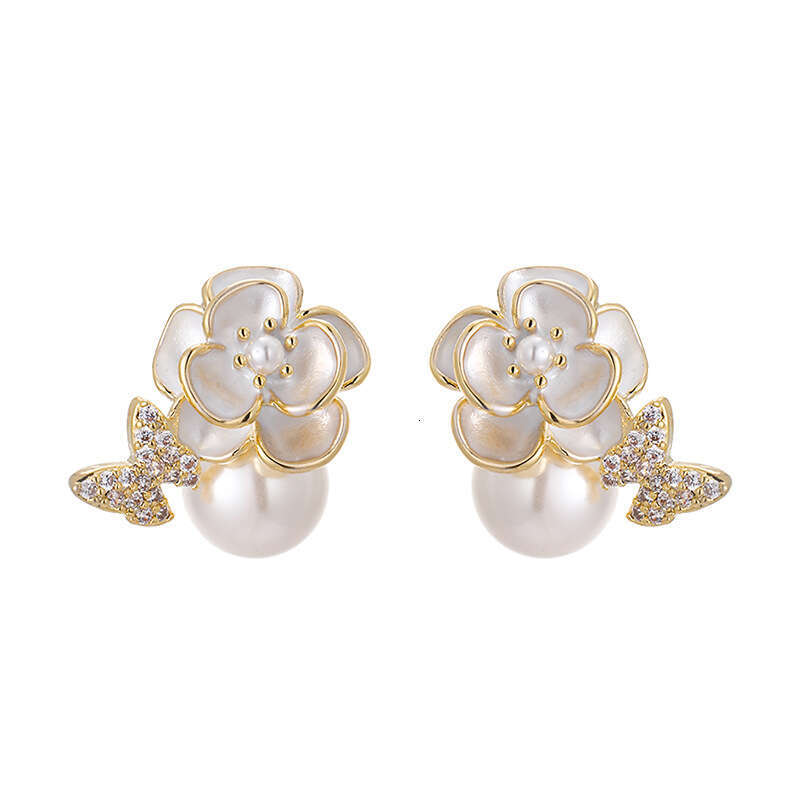 Fashionable High-end Glass Pearl Earrings Micro-inlaid Butterfly Enamel Camellia Design Studs Exquisite Light Luxury Ear Jewelry