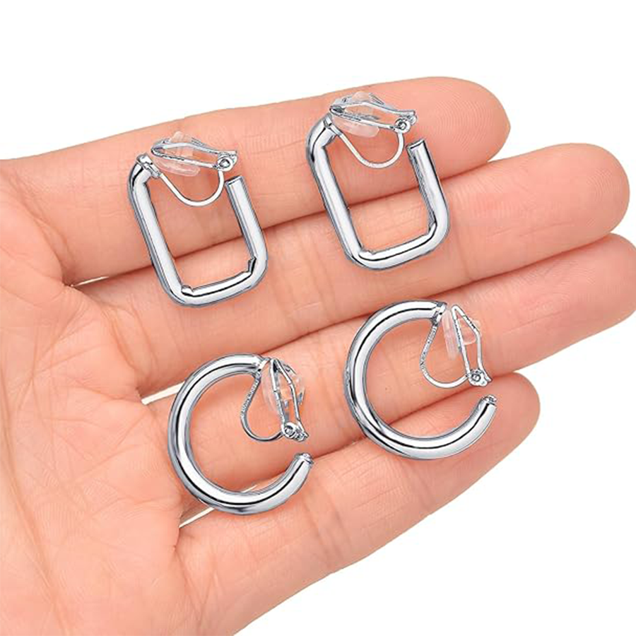 10 Pairs Clip on Hoop Earrings for Women Men Twist Round CZ Chunky Hoop Clip Earring No Piercing Fake Earrings Sets Silver Tone