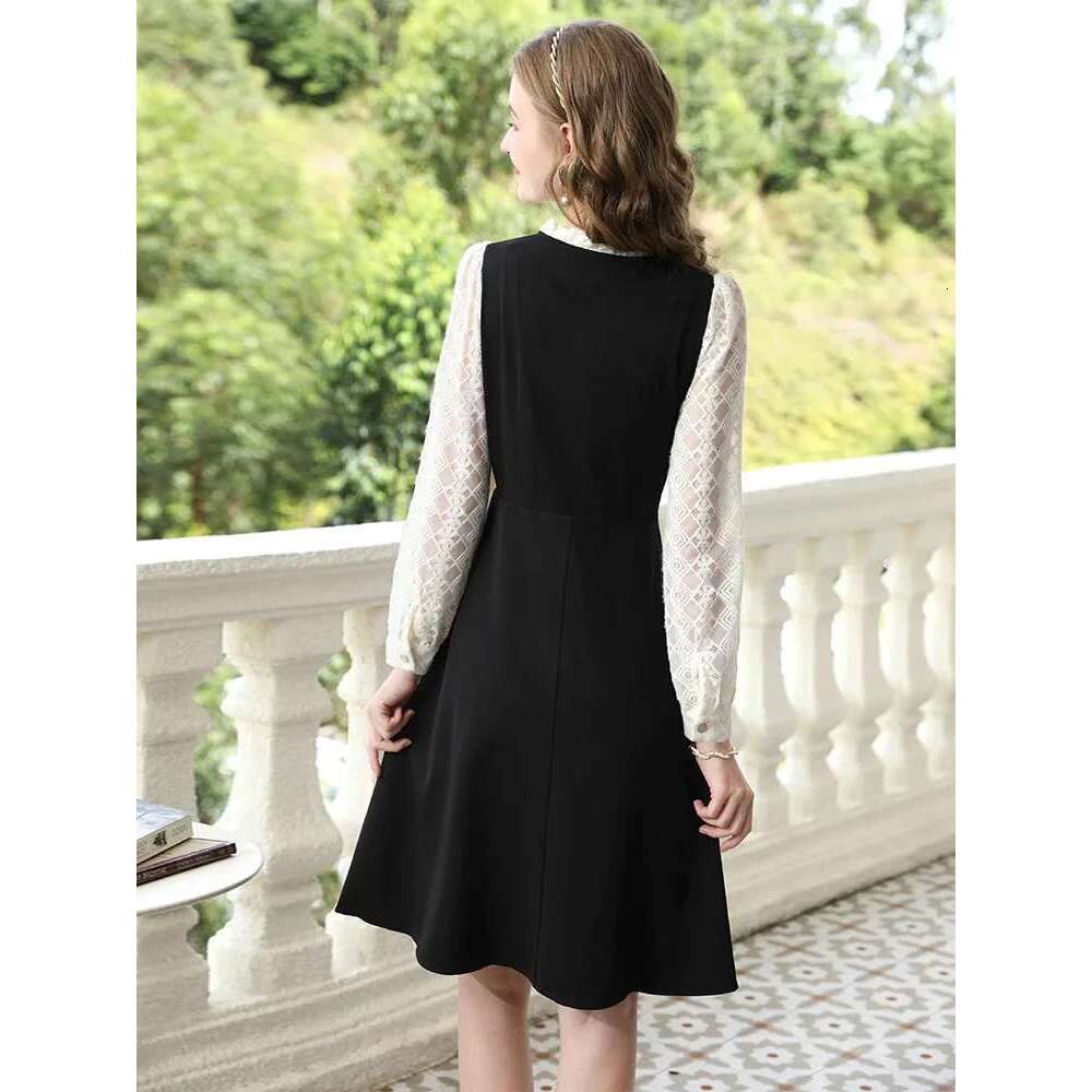 Women Autumn New A-E Black French Lace Patchwork Long-Sleeve Gentle Midi Female Dresses