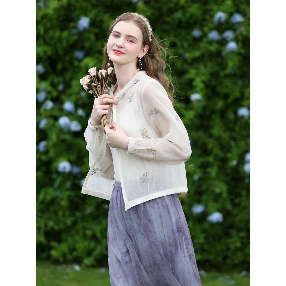 Thin Light Sun Protection Jacket Apricot Embroidery Ral Hooded Coat Women's Summer New Cardigan