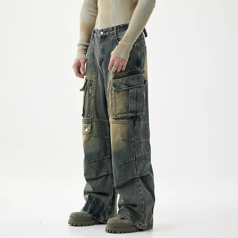 lightweight American street heavyweight jeans mens fashion retro multi pocket work pants mens loose wide leg pants 250402