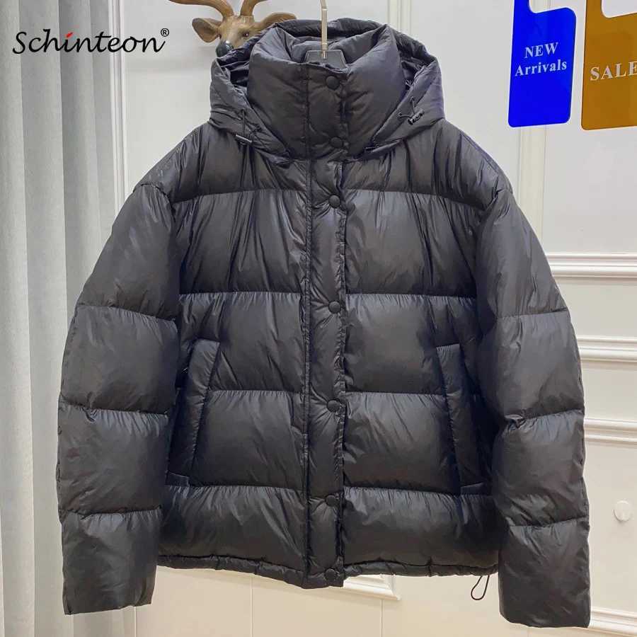 Schinteon Women White Duck Down Jacket with Removable Hood Warm Autumn Winter Outwear Simple Solid Color Casual Over Size CoatT251105