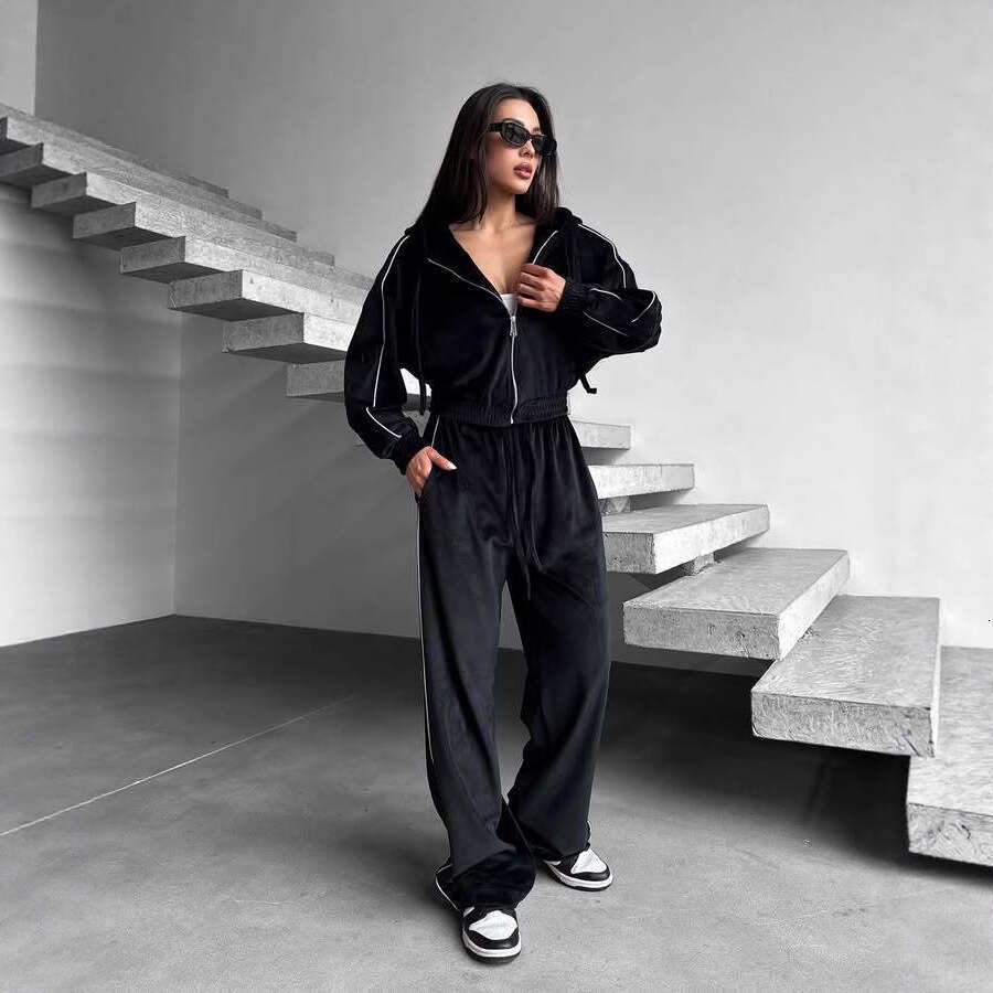 European And American New Velvet Sports Suit Striped Hooded Cardigan Jacket Tie Wide-Leg Pants Two-Piece Set For Women B5