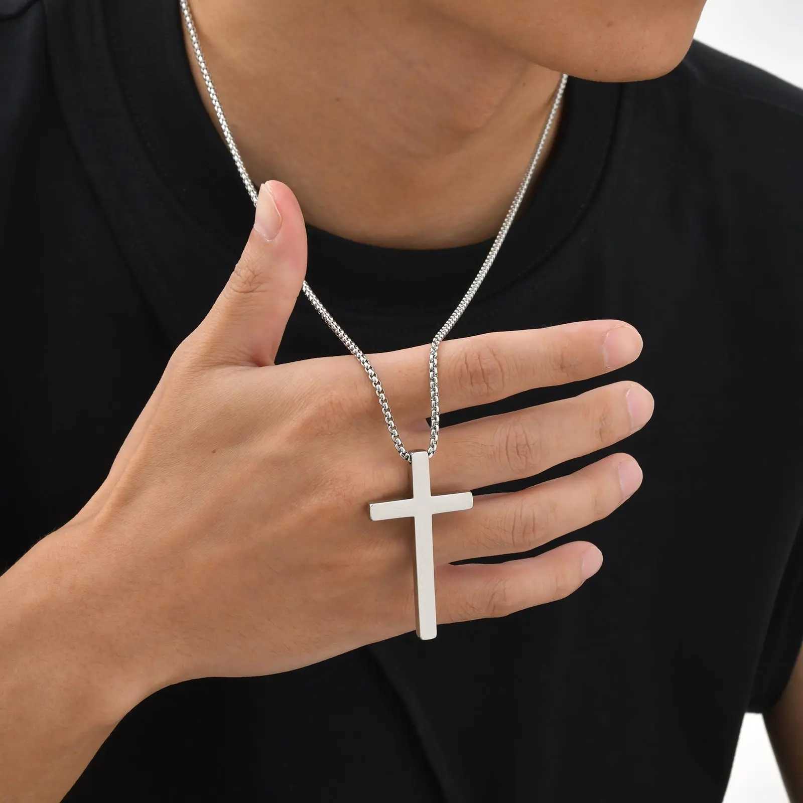 Waterproof Cross Necklace for Men WomenStainless Steel Silver Color Plain Cross PendantClassic Basic Male Collars GiftW251105
