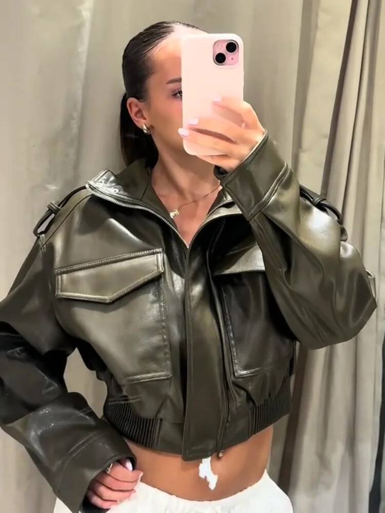winter jacket women Autumn Leather Bomber Jackets Women Chic Y2K Long Sleeve High Collar Zipper Motorcycle Coats Lady Street Cropped Outerwear