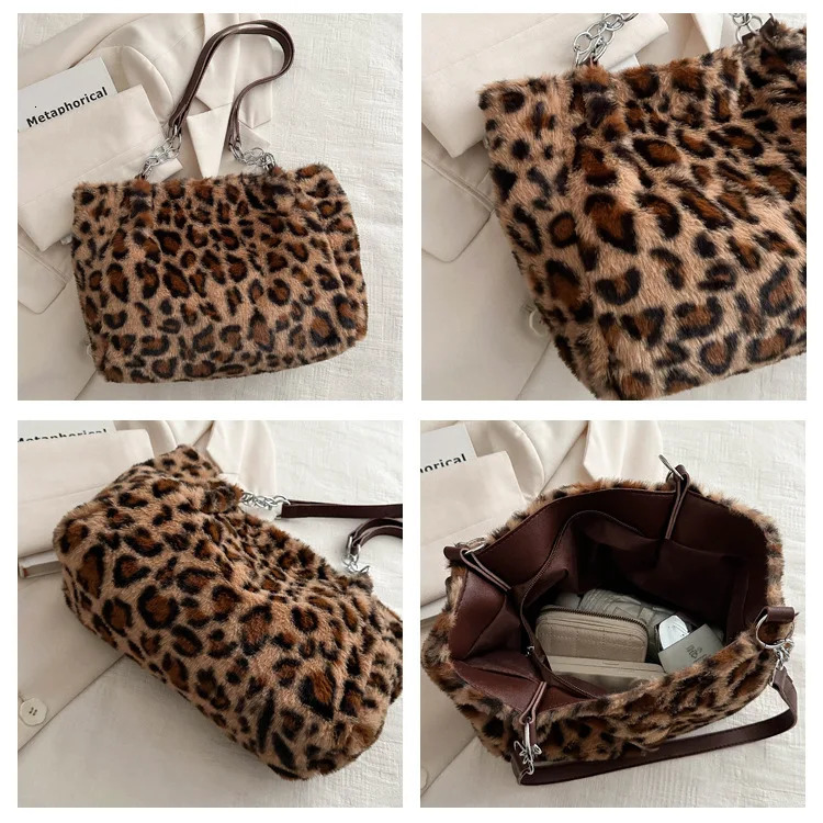 Vintage Leopard Ladies Plush Tote Bags Large Capacity Portable Womens Faux Fur Shoulder Bag Furry Casual College Handbags 251104