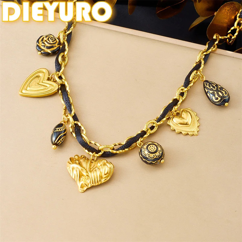 DIEYURO 316L Stainless Steel Golden Irregular Striped Heart Black Rose Flower Pendant Necklace Lady Trend Rope Chain Jewelry 251031