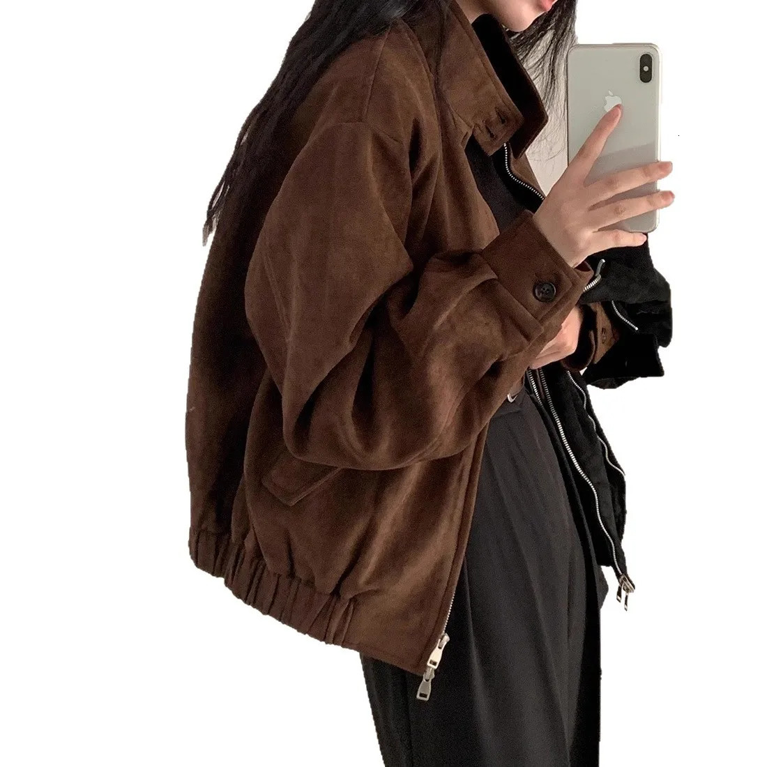 Womens Short Suede Jacket Pilot Style Midweight Long Sleeve Zipper Closure Pure Color Loose Fit Comfortable Casual Outerwear 251104