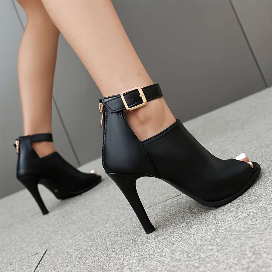 Women's Fashion Peep Toe Stiletto Heels, Ankle Strap Summer Booties, Versatile Black High Heels