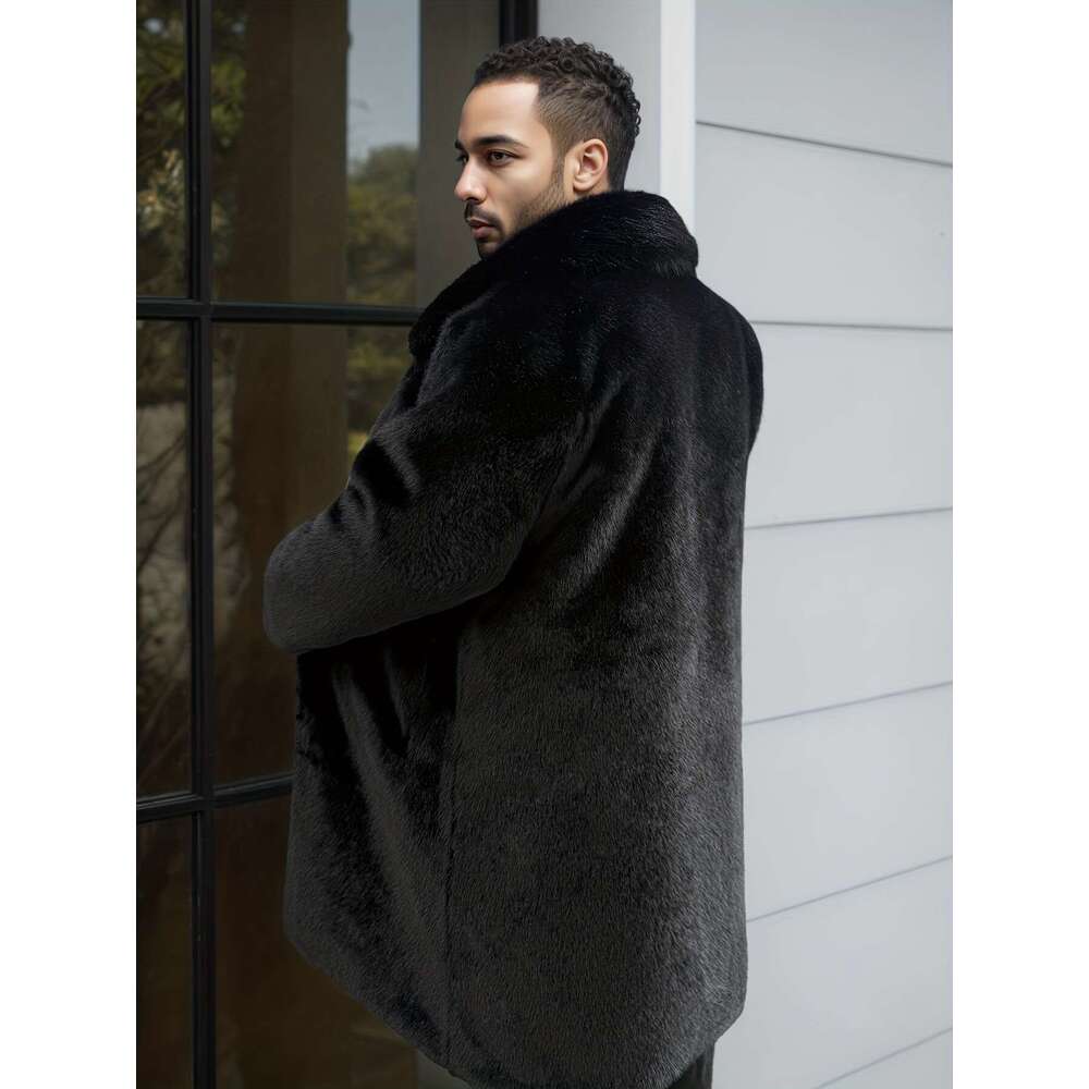 Warm Coat Winter Warm Faux Fur For Men | Thickened Fece-Lined Long Coat With Lapel Collar, Sing-Breasted Button Front Pockets, Black Casual & Business