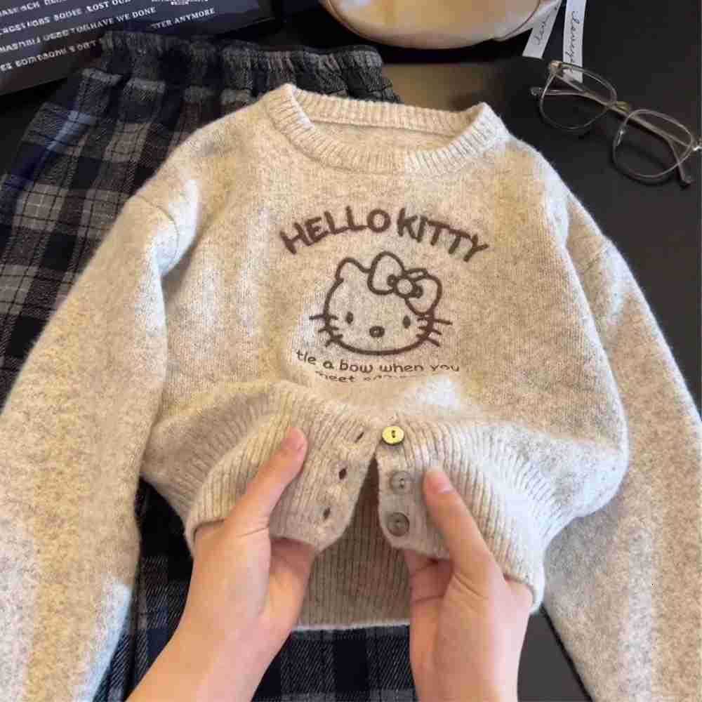 Sanrio Girls Sweater Autumn 2025 New Korean Style Hello Kitty Knitted Sweater Autumn Childrens Knitwear Coat Top H251105