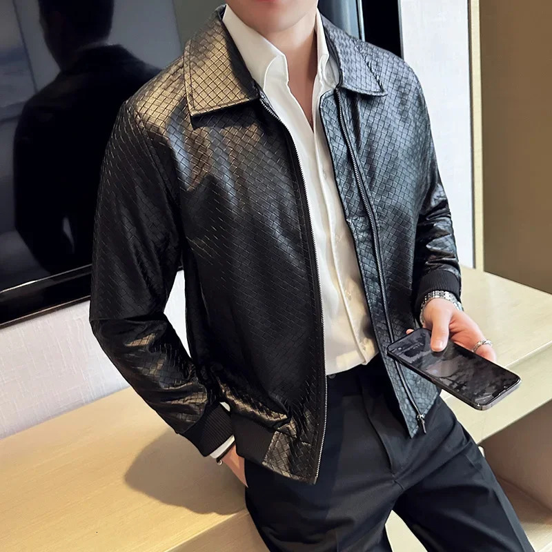 2023 Autumn Winter Men High Quality Woven Leather Jacket Fashion Lapel Business Casual Motorcycle Social Overcoat 251030