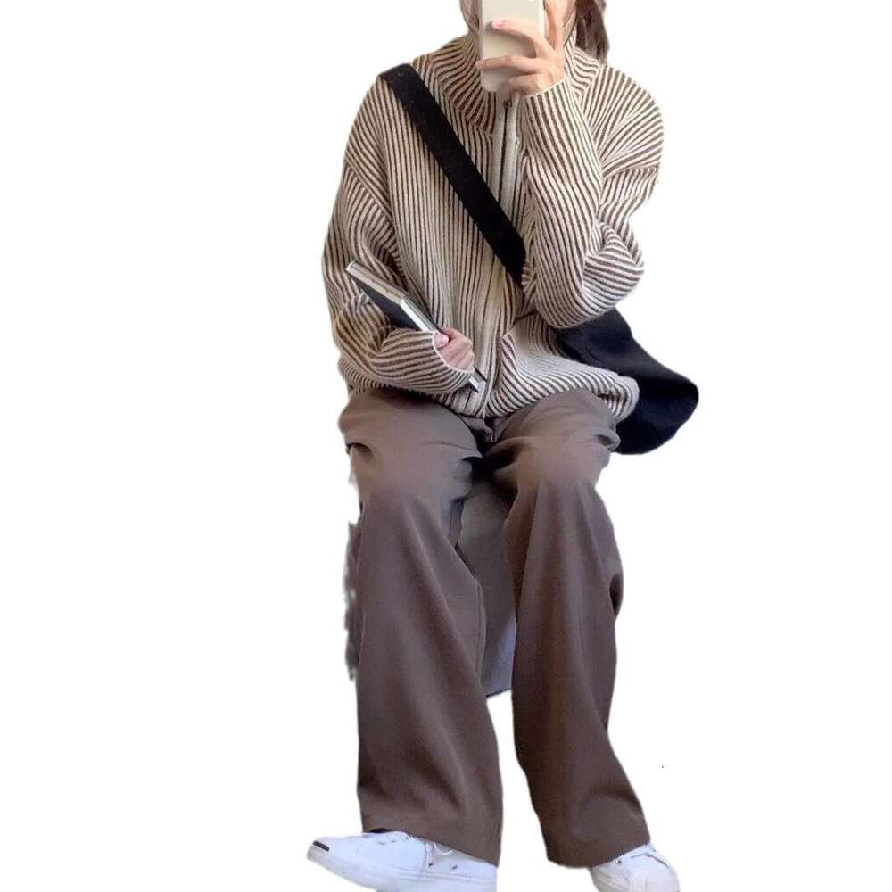 Autumn Winter New Vertical Striped Textured Cardigan Sweater Unisex Simple Plus Size Turn-Down Collar Zipper Knitwear B5