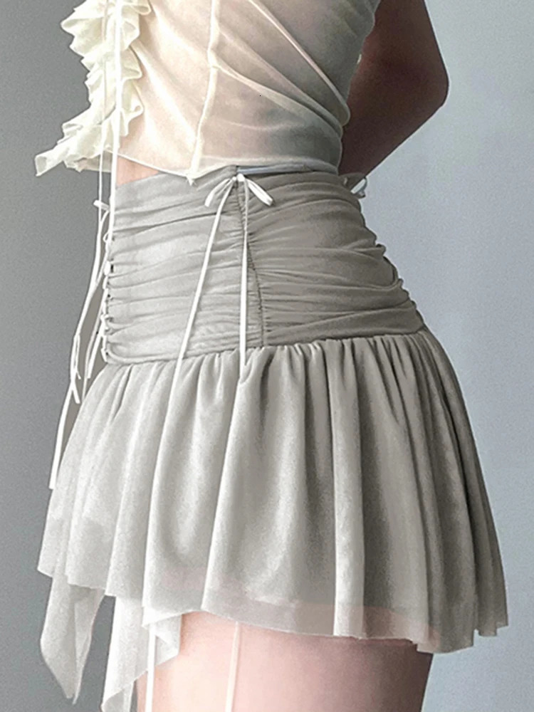 IAMSURE Vintage Folds Bandage A-Line Skirts Beach Style Slim Low-Waisted Super Mini Skirts Women 2025 Summer Fashion Streetwear 250402