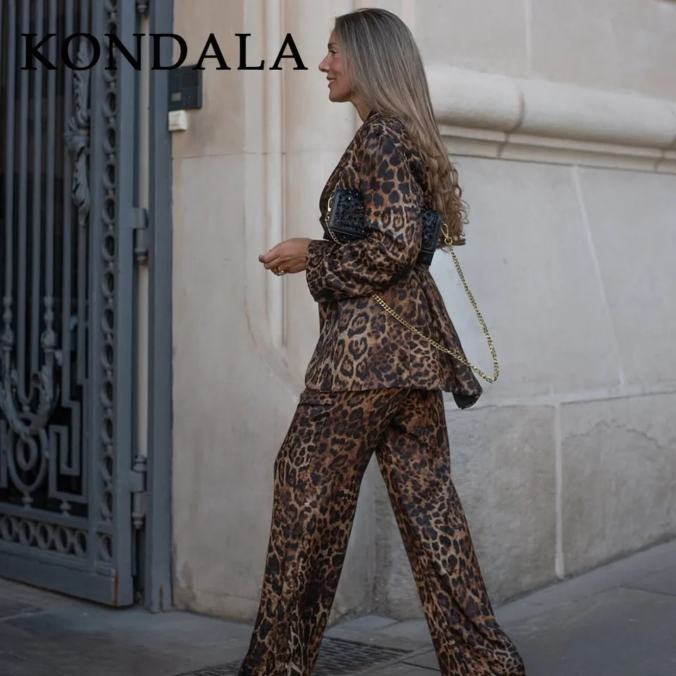 KONDALA Fall Winter Leopard Office Lady Suits Fashion Elegant Sashes Single Breasted Women Blazers Zip Up Straight Pants 251104