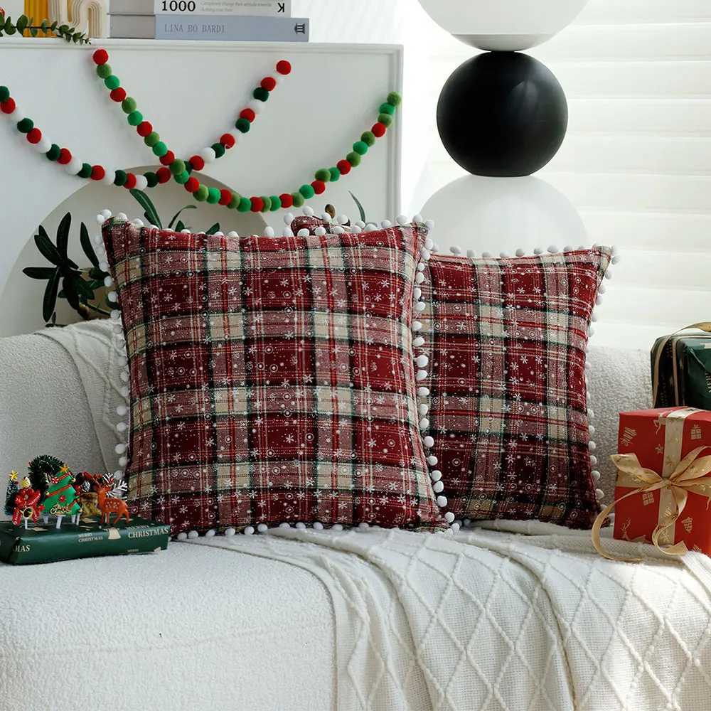 Double-Sided Plaid Christmas Decorative Cushion Cover with Balls Home Decoration Living Room Sofa Snow Throw Pillow Cover 45x45 Y251105