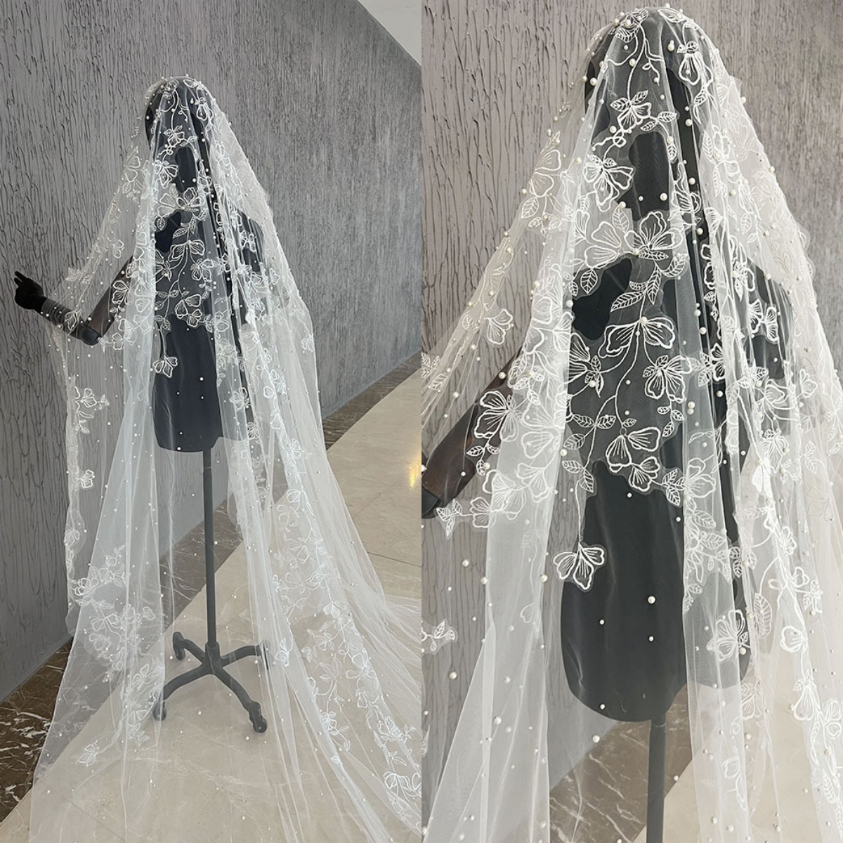Romantic Wedding Veil Pearls Appliques Lace One Layer Cathedral Length Bride Veils High Quality Customized velo de novia