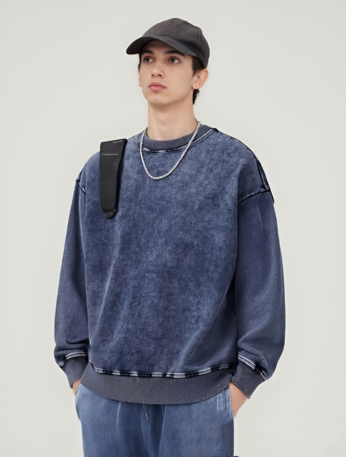 BLNCG Men's Washed Retro Sweatshirt, 100% Cotton Vintage Style, Customizable Oversize Fit -KB-01