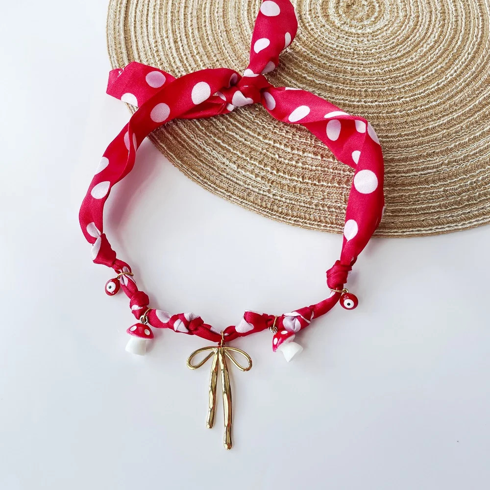 Gold Flower Bow Pendant Choker Elegant Handmade Scarf Necklace for Women Bandana Style 251031