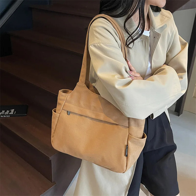 Solid Color Vintage Largecapacity Shoulder Bag Fashionable and Versatile Canvas Bag Simple Tote Bag 251104