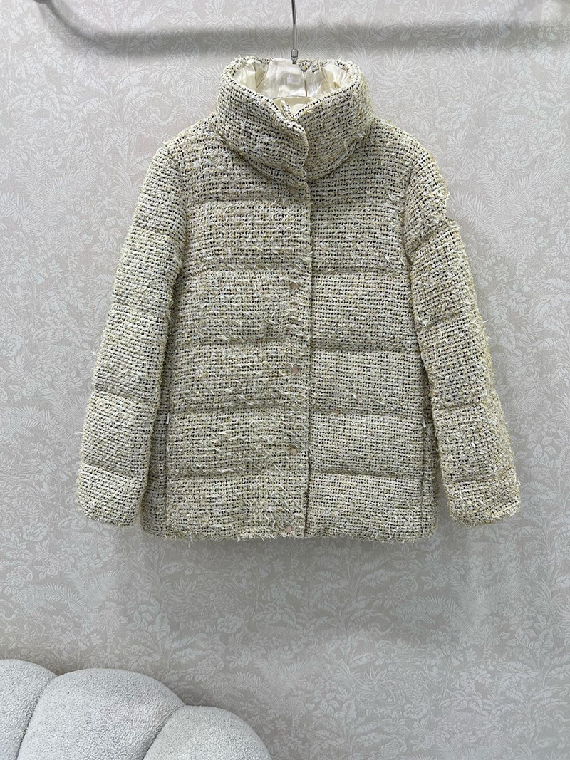 2025 Winter Gold Solid Color Tweed Down Jacket Long Sleeve Stand Neck Classic Jackets Coat Short Outwear WS5N05 Check Size Chart Please