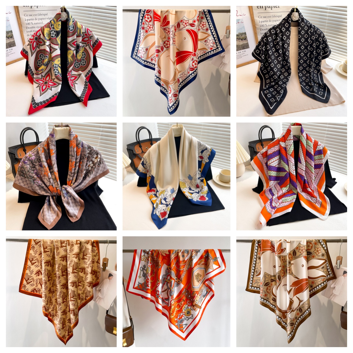 90*90cm Classics Design Fashion Classic Letter Beautiful Grid Satin Square Scarf Outdoor Shawl Silk Turban Beach Wrap Women wer Scarves