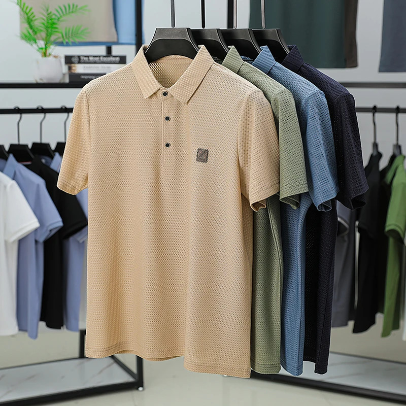 high-end summer mens silk polo shirt selling fashionable casual plain weave iron free mens short sleeved top 250401