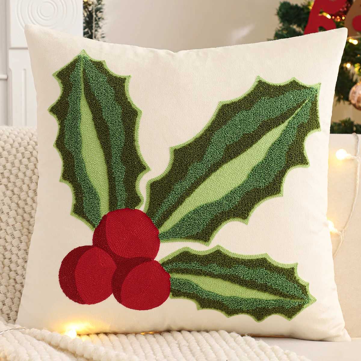 Embroidery Throw Pillow Cover Christmas Decoration Velvet Soft Santa Claus Flowers Winter Farmhouse Home Sofa Living Room Y251105