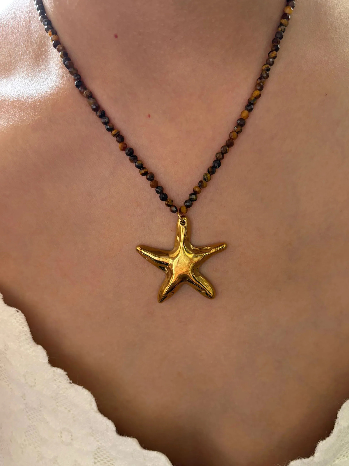 GHIDBK Fashion Natural Yellow Tiger Stone Beaded Chain Starfish Pendant Necklace for Women Stainless Steel Ocean Style Jewelry 251031