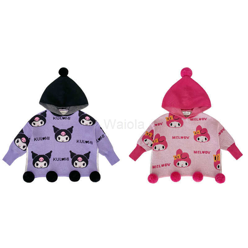 Sanrio Kuromi My Melody 2025 Autumn Winter Girls Knitted Cape Stylish Hooded Childrens Cartoon Cute Sweater Top H251105