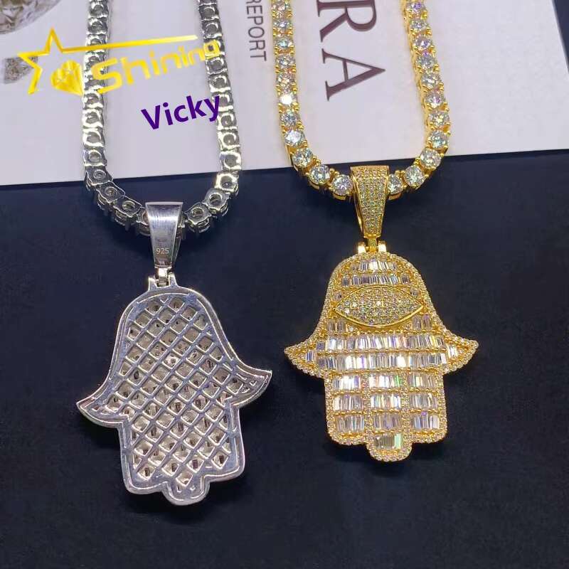 Shining Jewelry Ready to Ship 925 Sterling Silver Hip Hop Iced Out Vvs Moissanite Hamsa Pendant Necklace