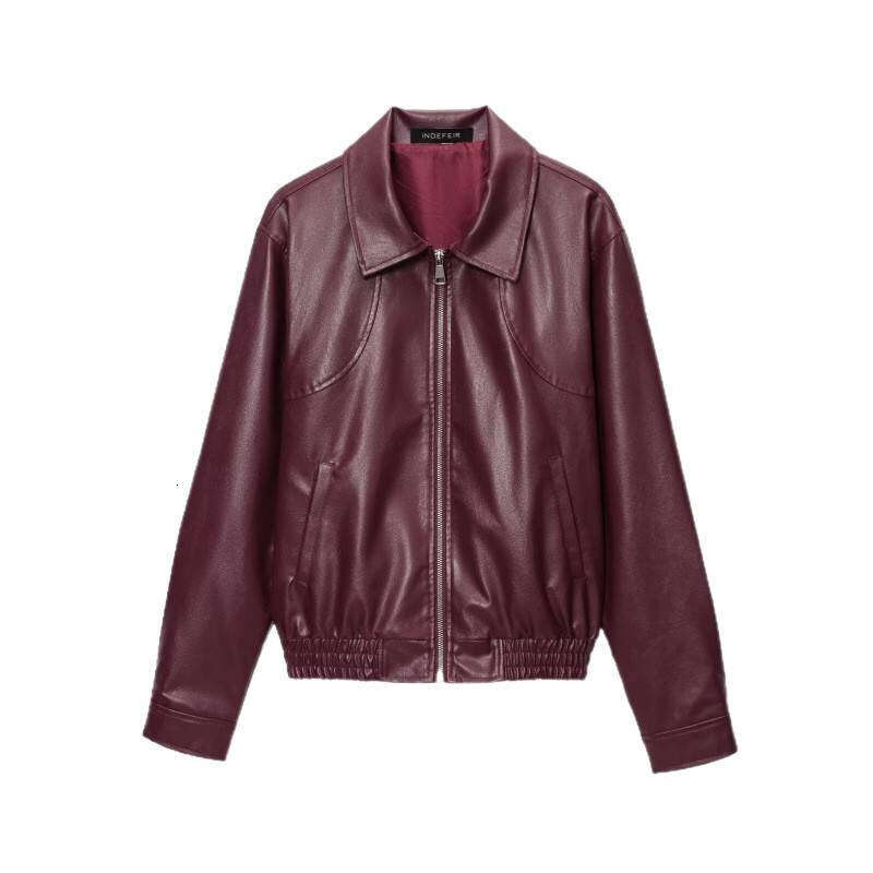 Manufacturer In Stock Foreign Trade Women's Clothing Wholesale 2025 New American Retro Simple Turn-Down Collar Zipper Leather Jacket