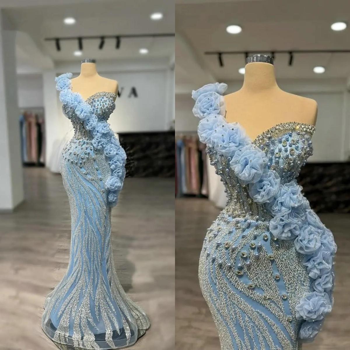 Luxury Evening Dresses For Women Sweetheart Neck One Shoulder Gown Beaded Crystal Sequins Sweep Train Dress Party Custom Made