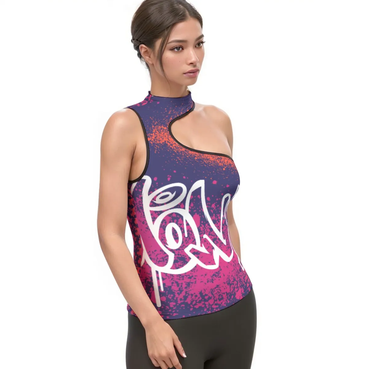 Women's Halter Sleeveless Asymmetrical Tank Top, All-Over Print Workout Top with Black Binding, Medium-Impact Fitness Shirt