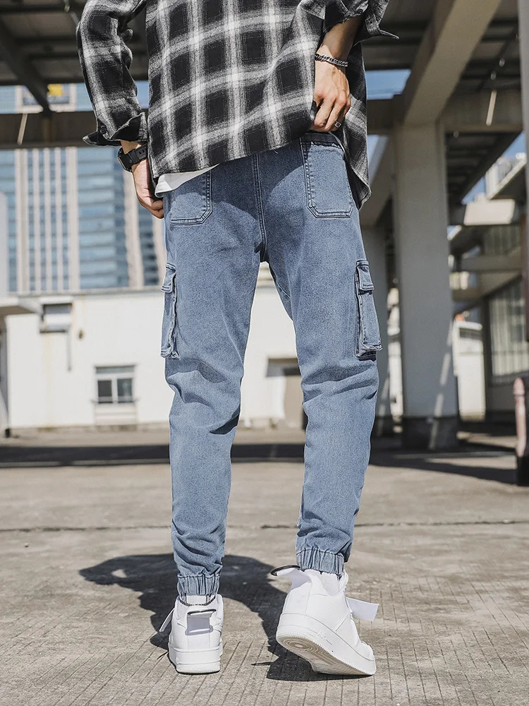 Spring and Autumn Mens Jeans Multi Pocket Work Clothes Cargo Pants Black and Blue Elastic Waist Denim Jogger Large Size Jeans Trousers 8XL 250402