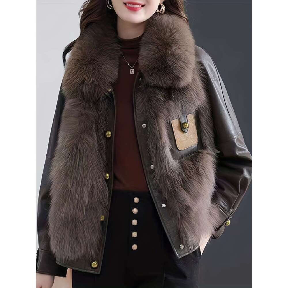 Faux Fur Jacket Thickened Polyester Women's Winter Jacket | Faux Fur-Lined, Drop Shoulder Sleeves, Single-Breasted Button Front, Suede Texture, H